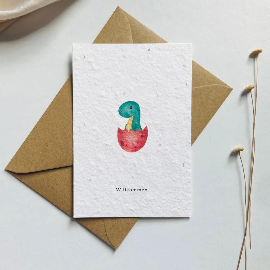 Einpflanzbare Karte aus handgemachtem Saatpapier | Willkommen Dino