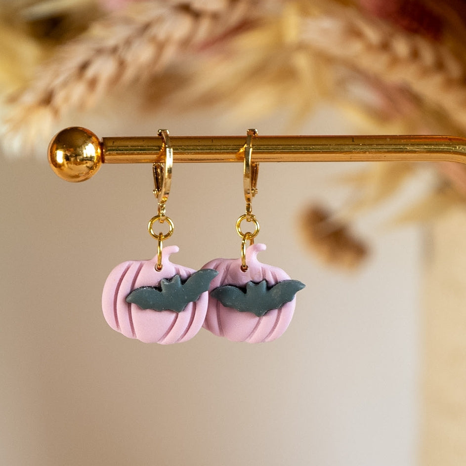 Kürbis Ohrringe hängend Rosa mit Fledermaus