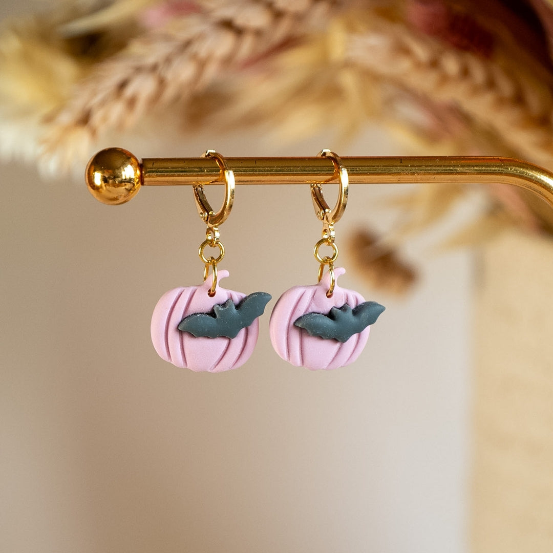 Kürbis Ohrringe hängend Rosa mit Fledermaus